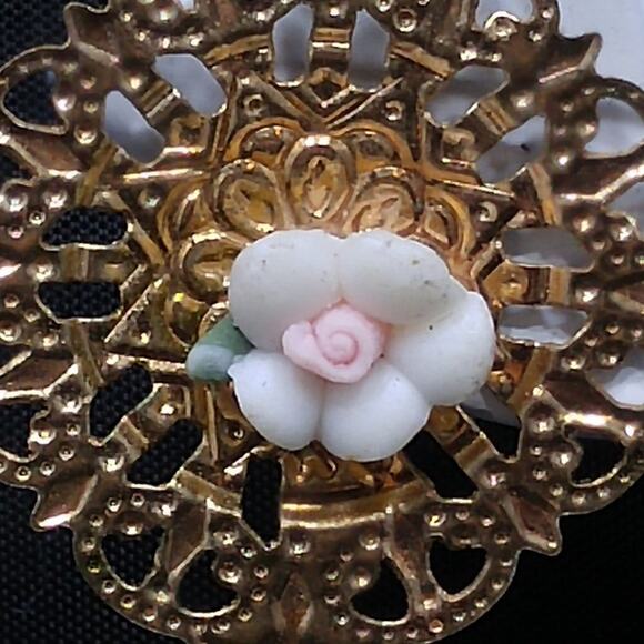 Vintage Floral Filigree Gold Post Dangle Earrings, Pink Blue Flowers, 3 Inches - Picture 8 of 12